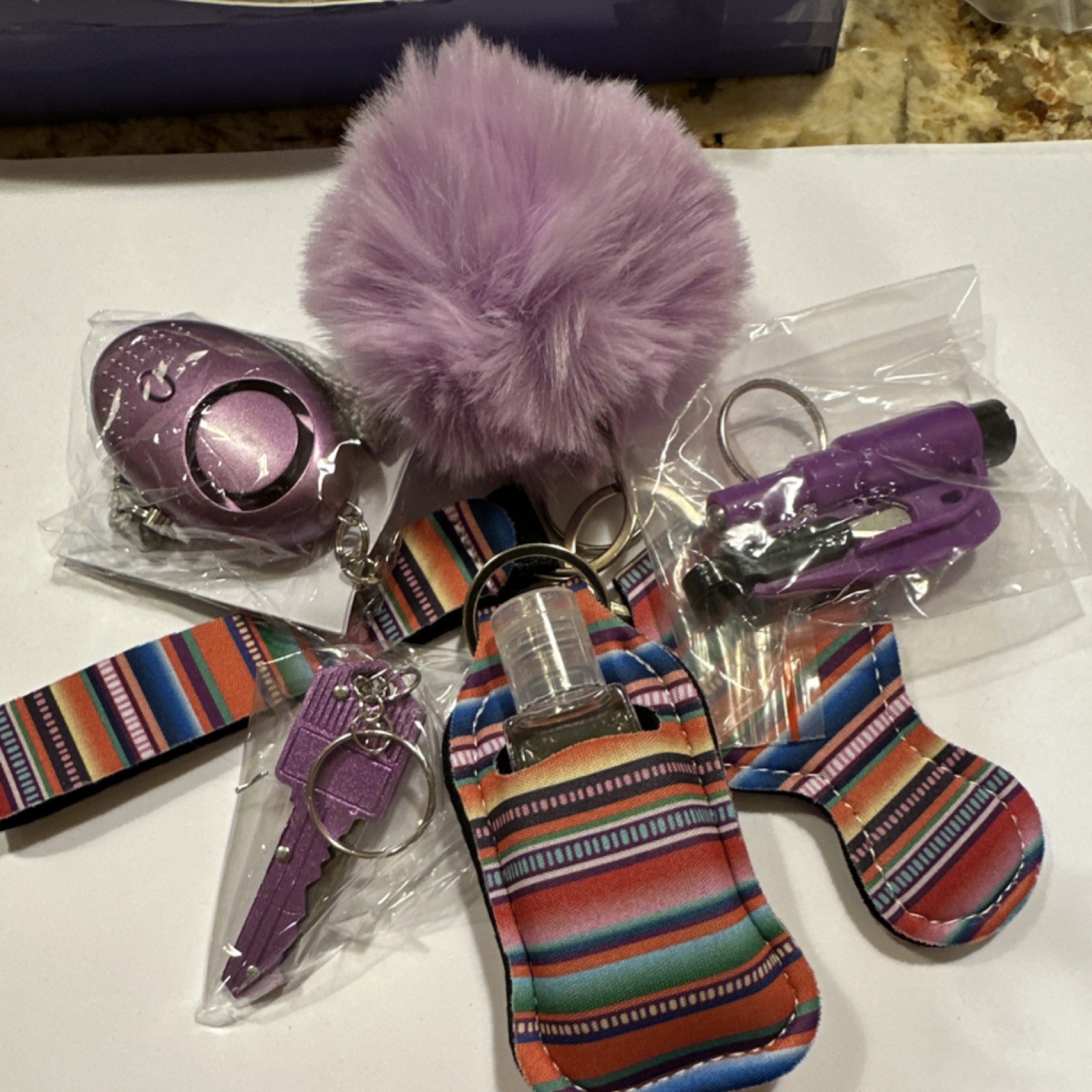 Personal Security Keychain Set with Alarm, Pom-Pom, Kubotan, Patterned Lanyard