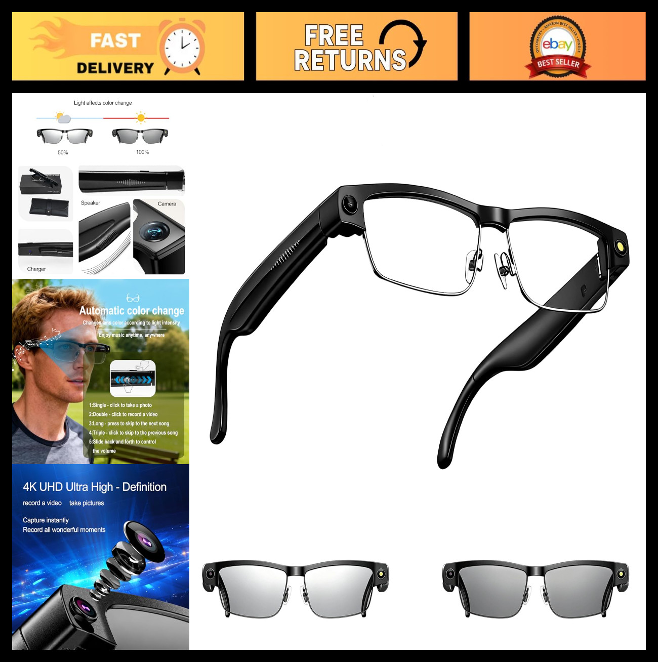 Smart Glasses with Camera, 8MP HD Video, Real-Time Translation, Voice Assistant,