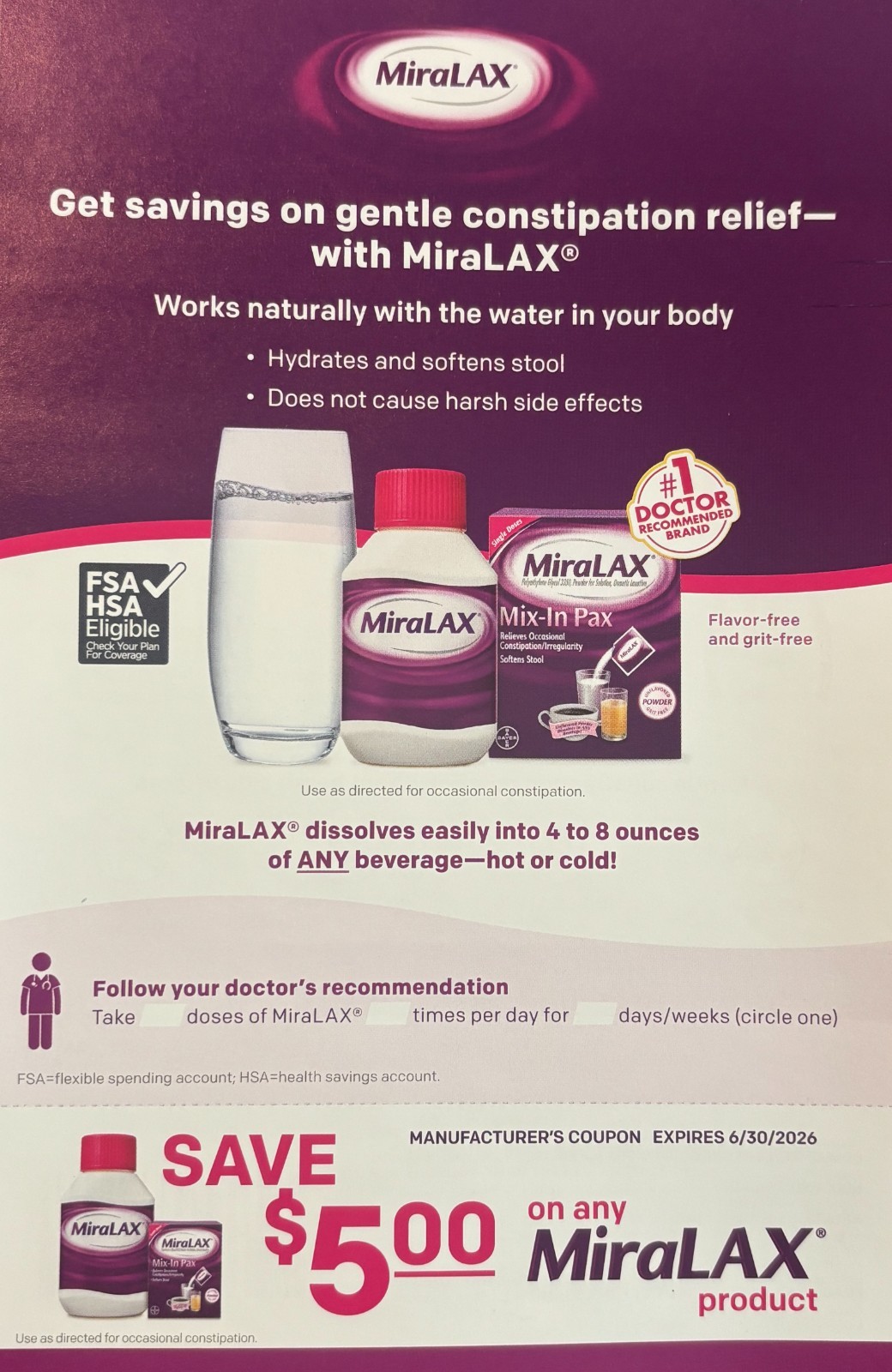 *MFR COUPONS* $5 Off Any MiraLAX Product (Lot Of 5)-Expires 6/30/26 ($25 Value)