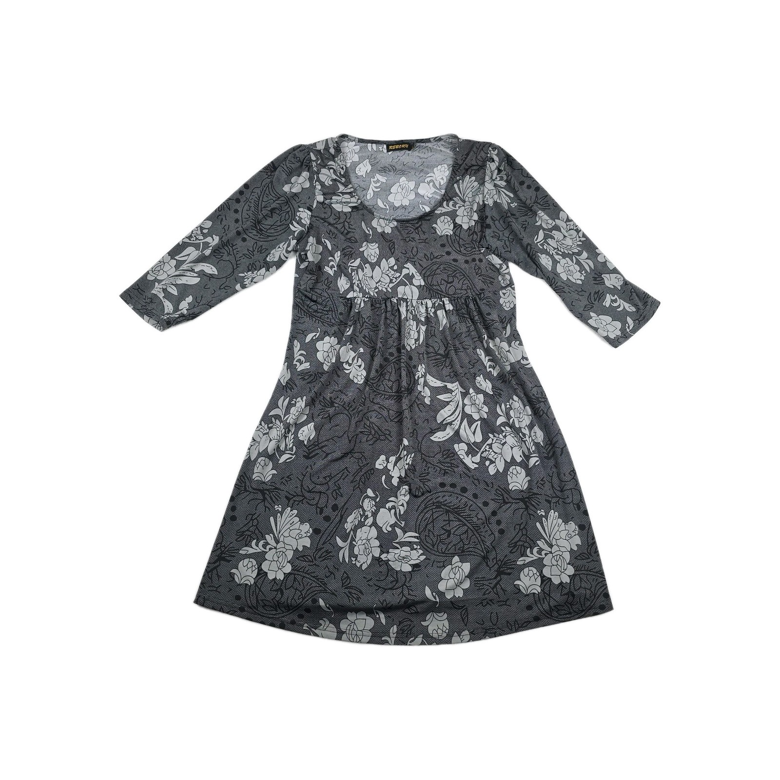 Reborn Women's Size Medium Gray Floral Print Dress 3/4 Sleeve
