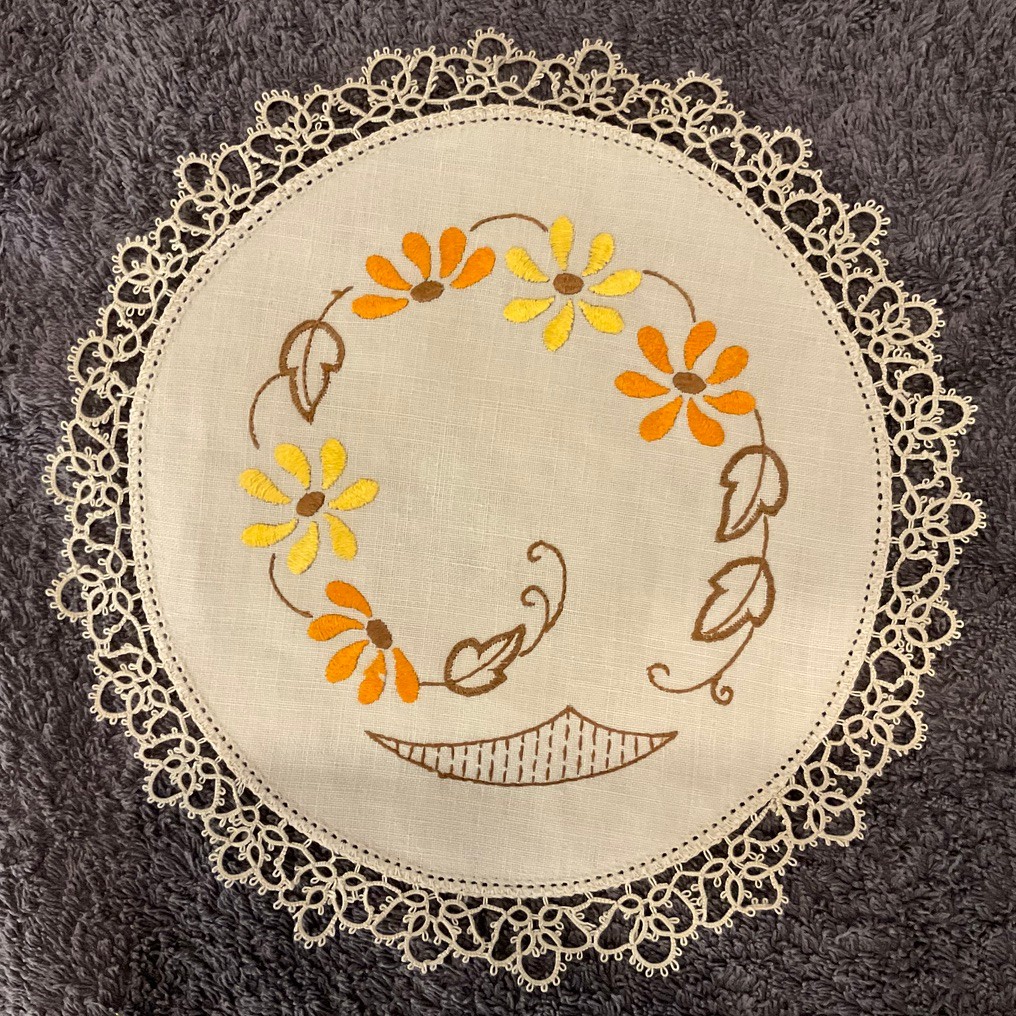 Vintage Handmade  Embroidered Linen Doily -  8 1/2  inch orange & yellow flowers