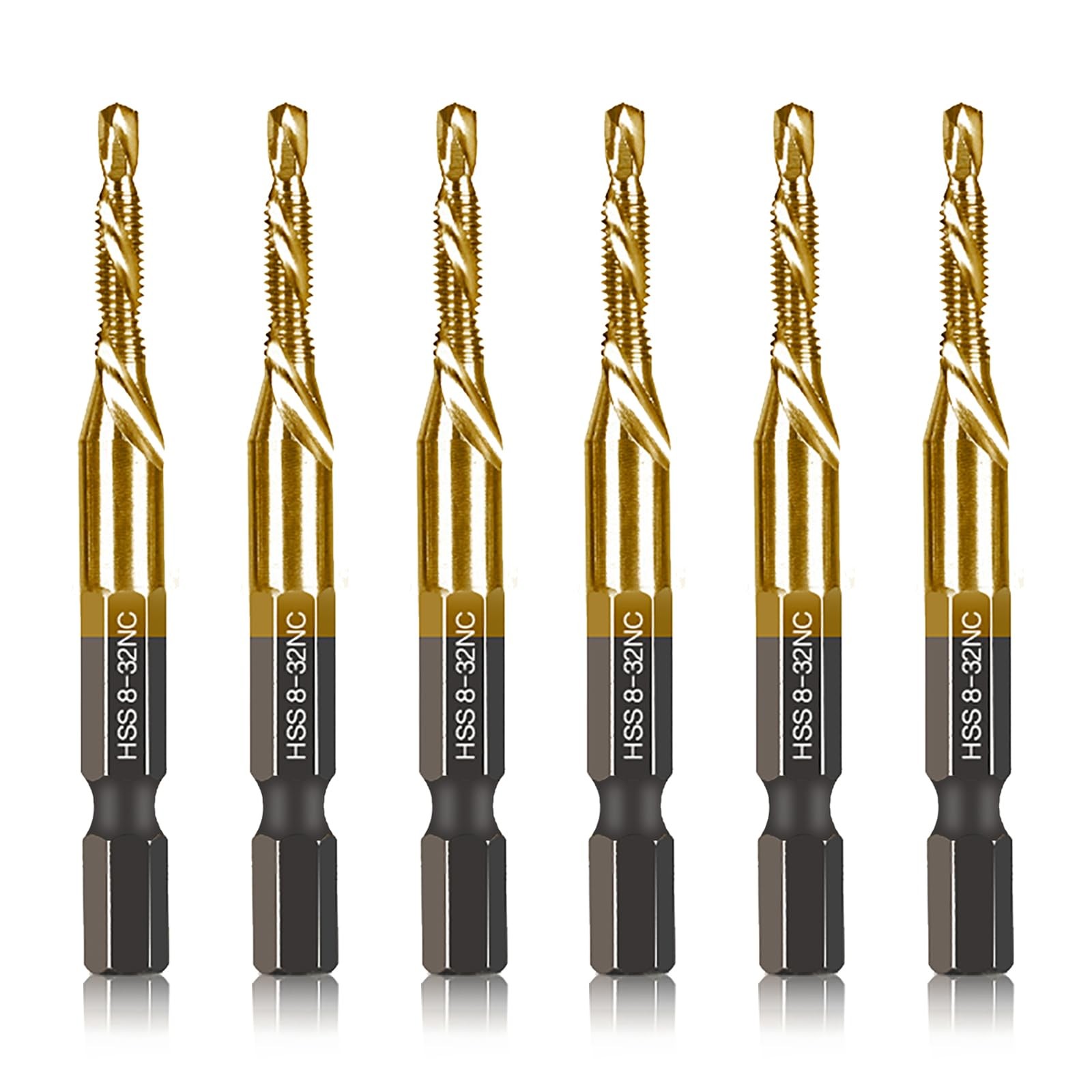 6-pc 8-32NC Combination Drill Tap Bit Set SAE, 8-32NC Thread Size, Titanium C...