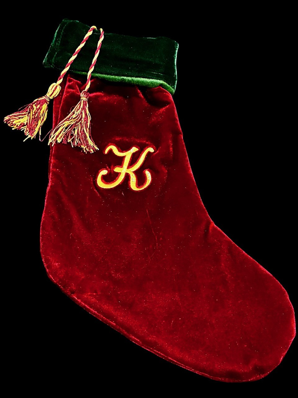 Vtg Bed Bath Beyond Christmas Stocking Velvet Green Red Tassels Gold Monogram K