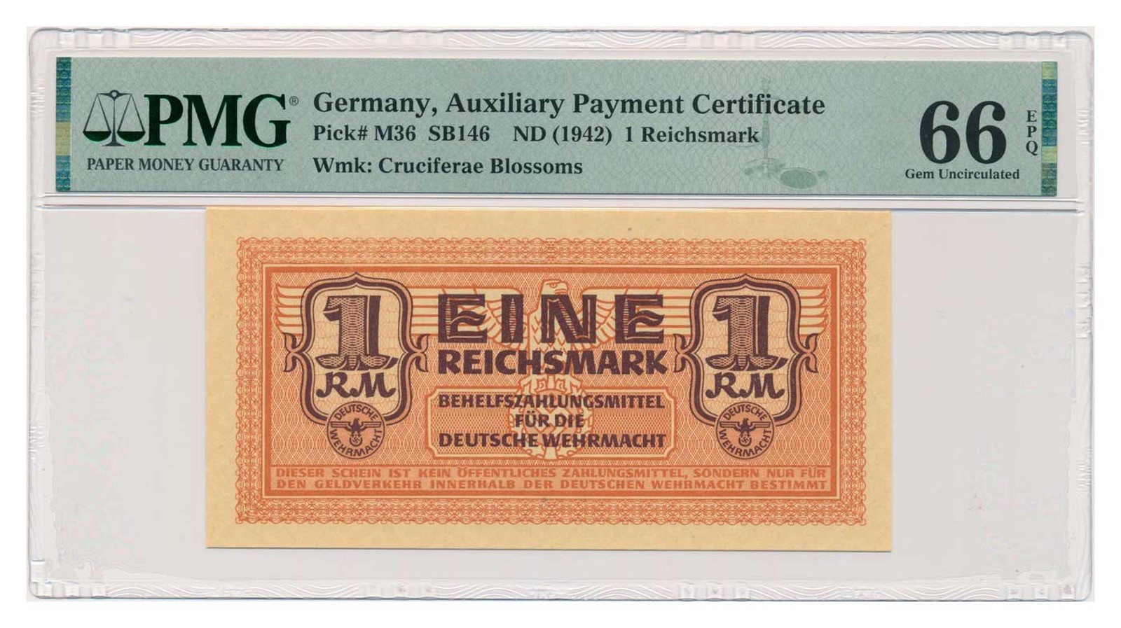 GERMANY banknote 1 Reichsmark 1942 PMG MS 66 EPQ Gem Uncirculated