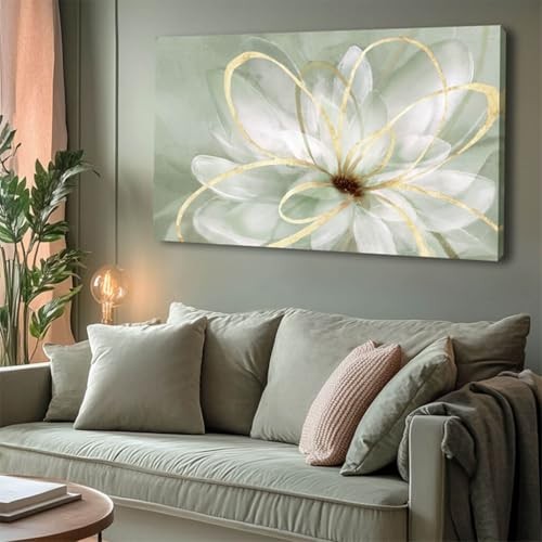  Flower Wall Decor White Blossom Plant Gold Line Canvas Painting 29"x58" Green