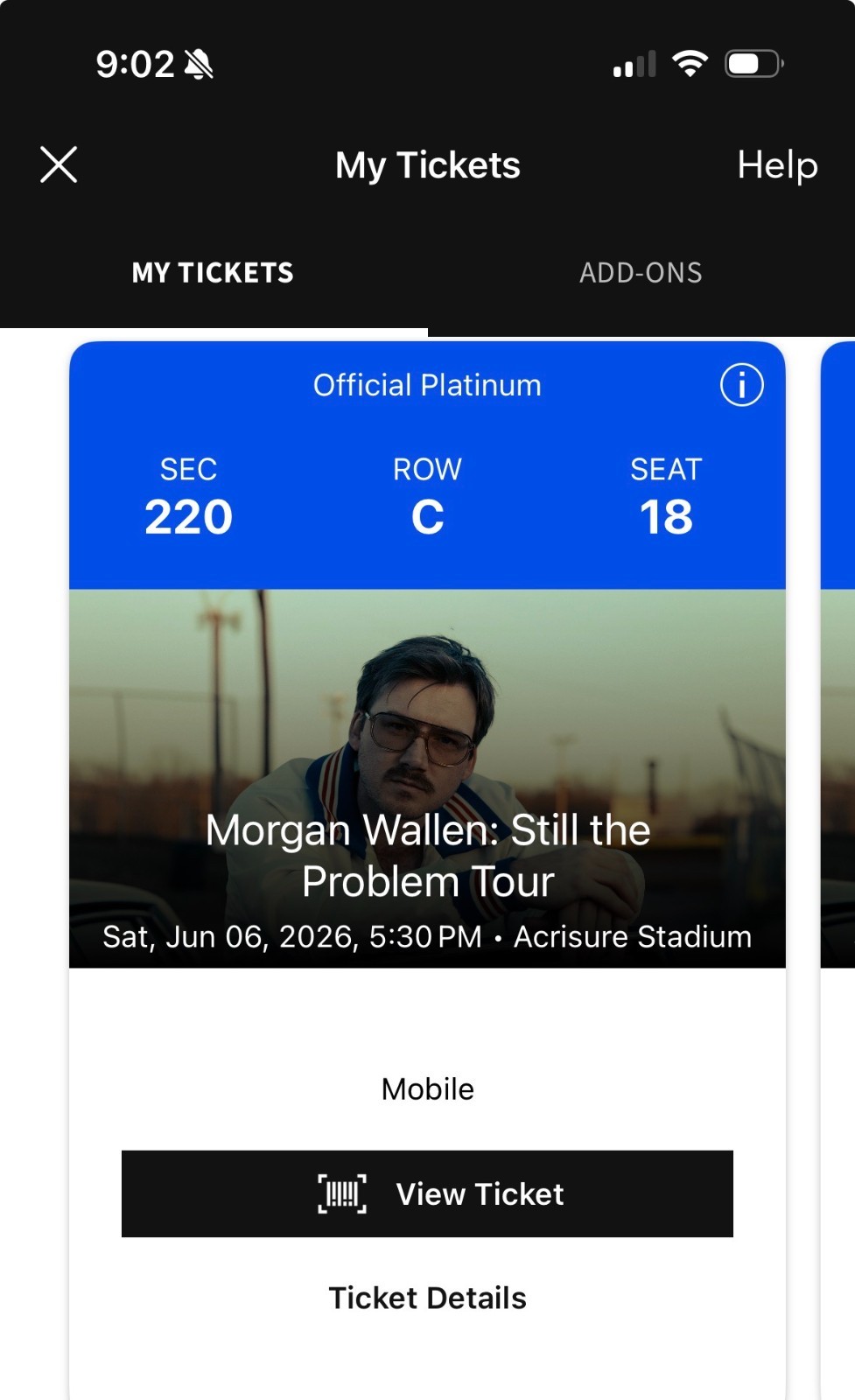 Morgan Wallen still the problem tour Tickets x2 sec 220 row c seat 18 & seat 19