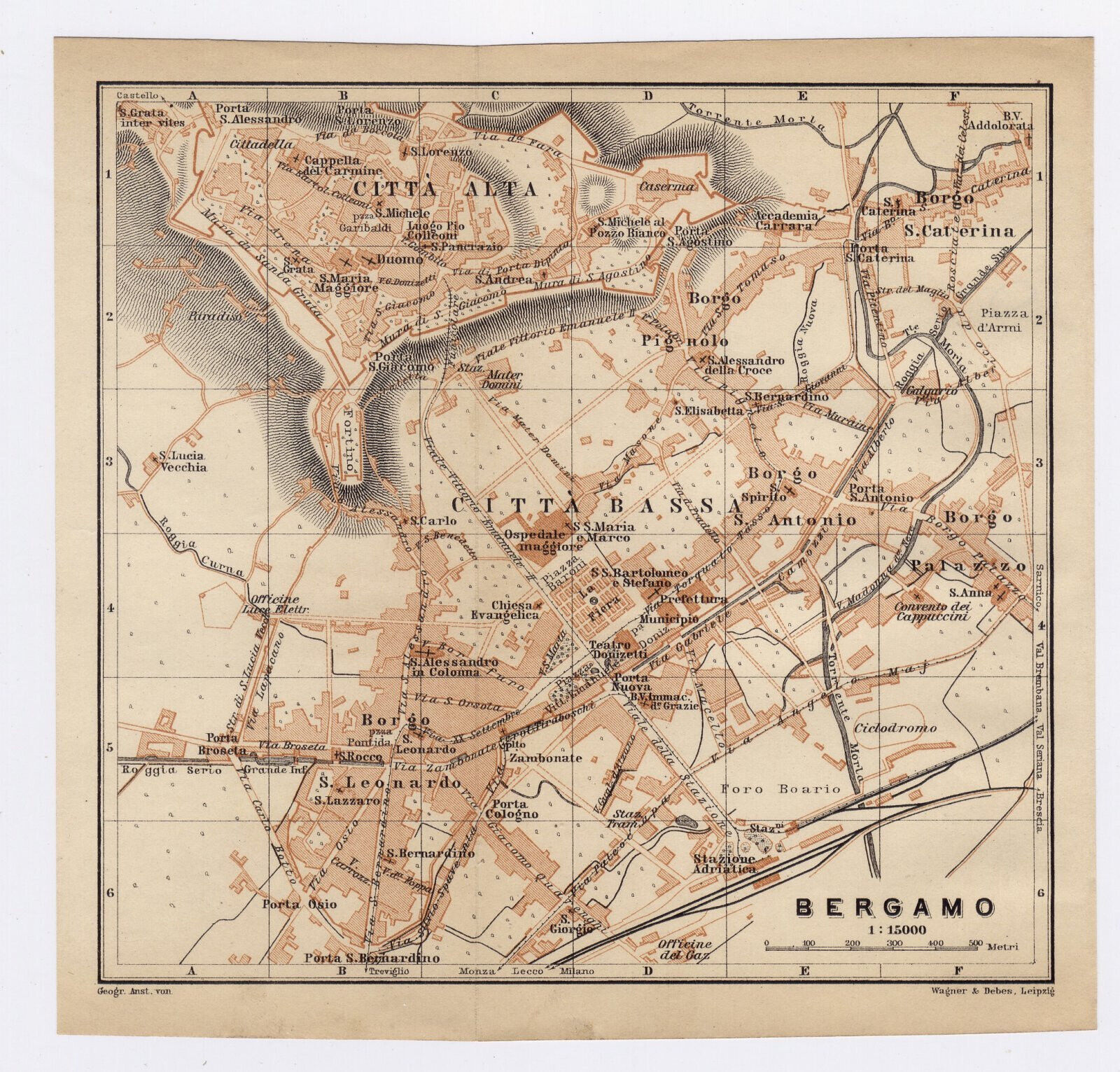 1908 ORIGINAL ANTIQUE CITY MAP OF BERGAMO / LOMBARDY / ITALY