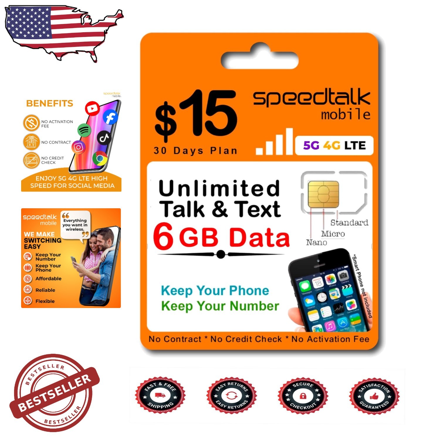 Prepaid SIM Card 15 Mo: Unlimited Talk Text, 6GB 5G 4G LTE Data