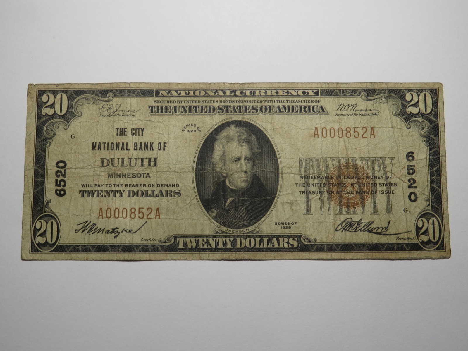 $20 1929 Duluth Minnesota MN National Currency Bank Note Bill Charter #6520