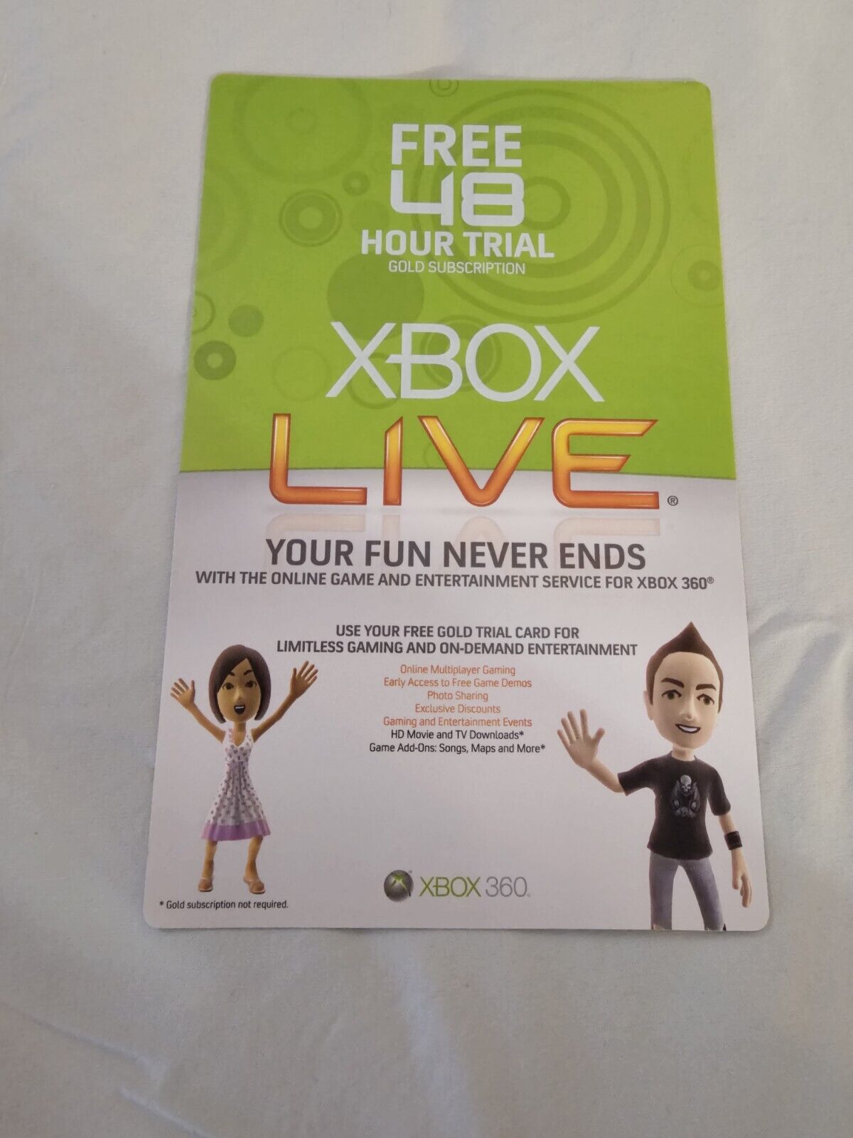 Microsoft Xbox Live Free 48 Hour Trial Gold  Subscription - XBOX 360