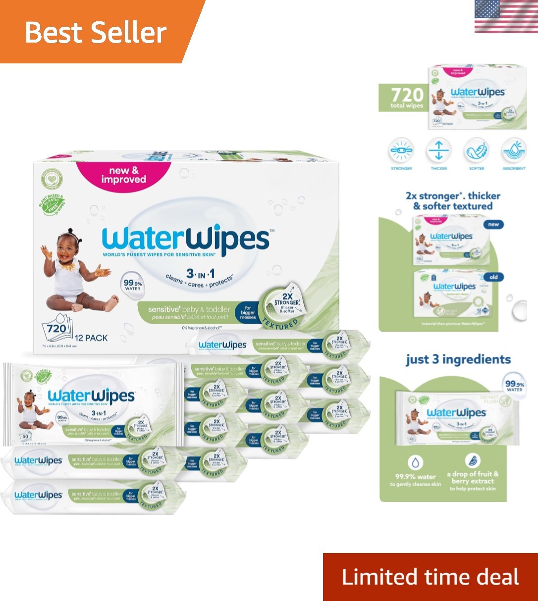 Sensitive+ Baby & Toddler Wipes, 3-In-1 Cleans, Cares, Protects, 99.9% Water,...