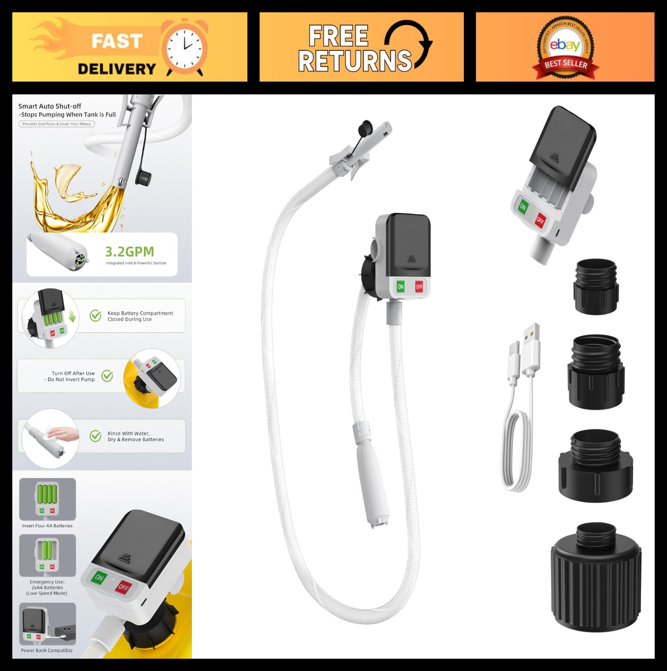 Portable Automatic Fuel Transfer Pump - 3.2 GPM, 51" Hose, 4 Adapters, Battery/U