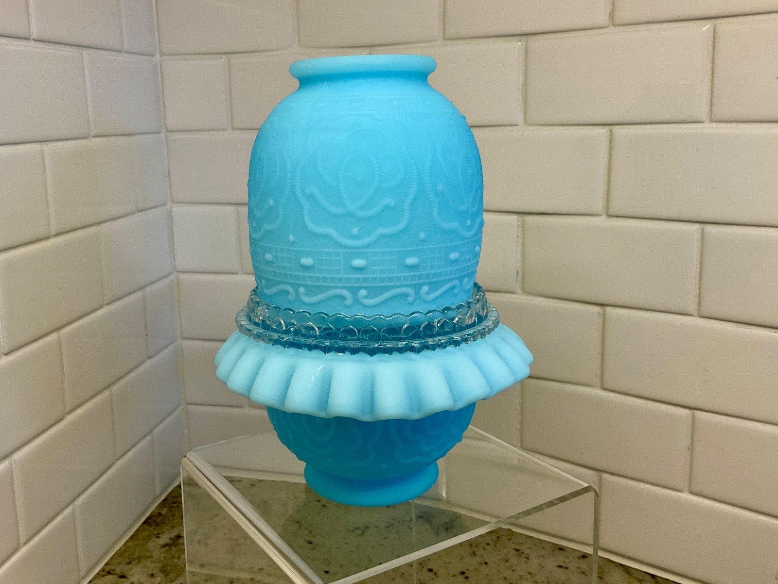 FENTON Persian Medallion Blue Satin 3 Piece Fairy Lamp 8408-BA