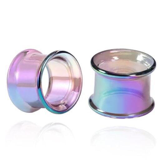 2PCS Hollow Glass Ear Gauges Stretching Kit-1Single 6mm Rainbow-Double flare