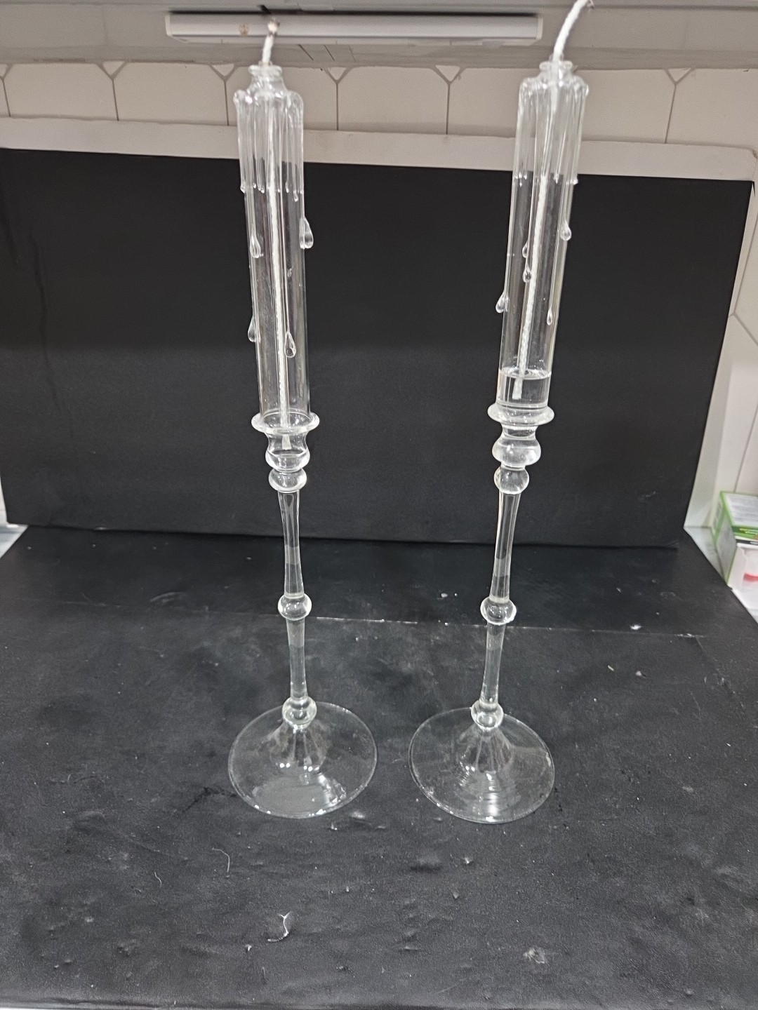 Catskill Mountain Crystal Glass Drip Oil Candle Holders, 17" Vintage Set of 2