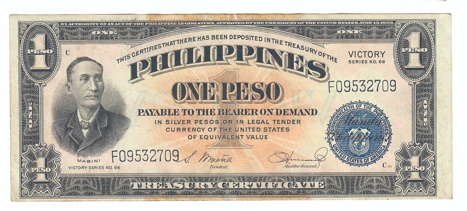 1 Peso 1944  Philippines Peso Victory Series 66 Treasury Certificate