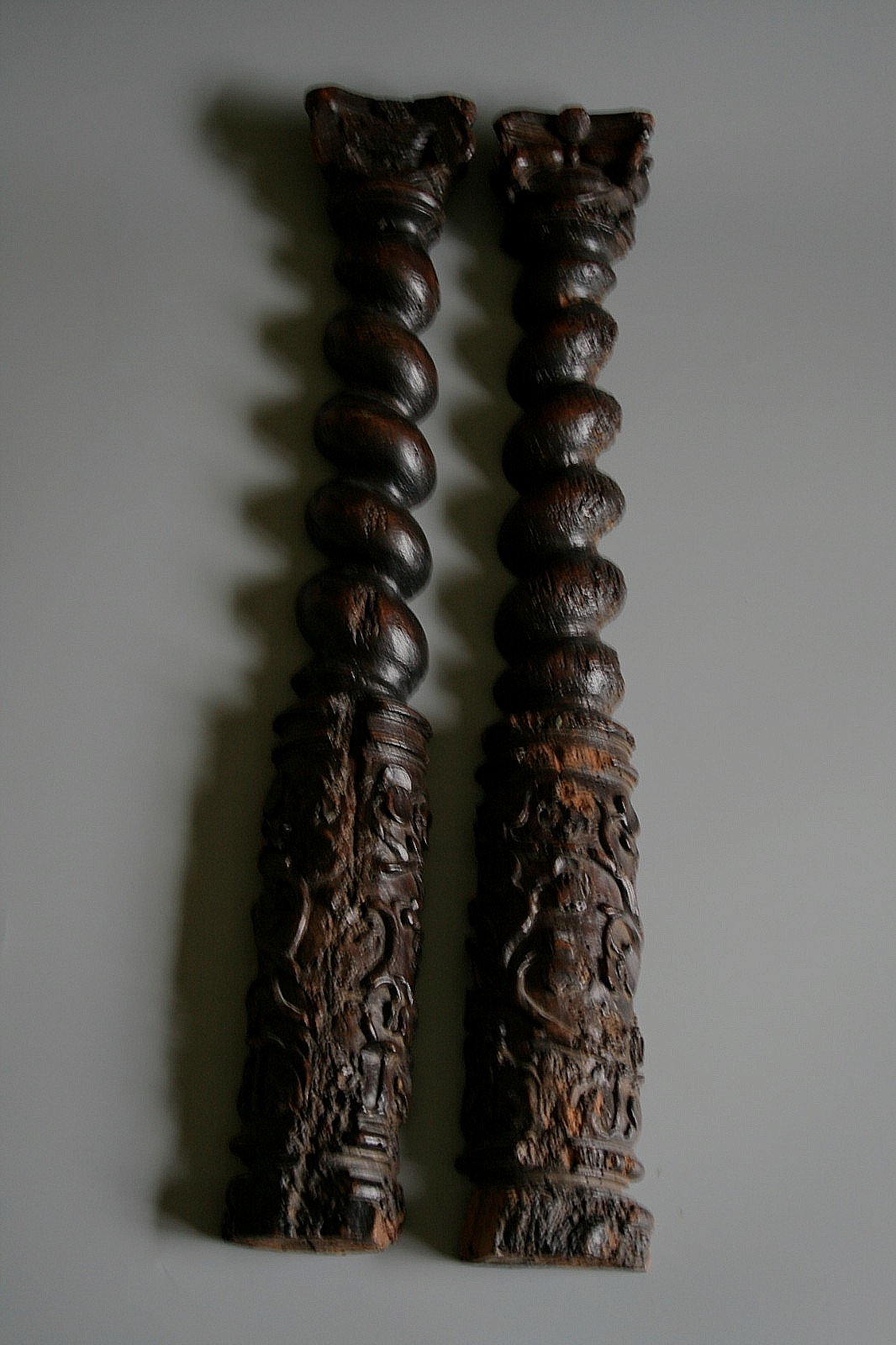 PAIR OF 17TH CENTURY WOOD CARVED TWISTED SCONCES