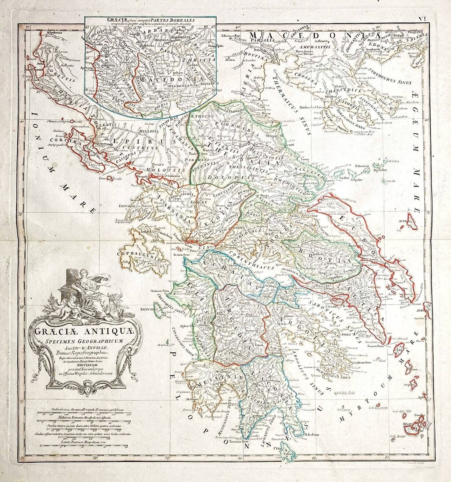 Greece Map Card Anville Copperplate Engraving 1783