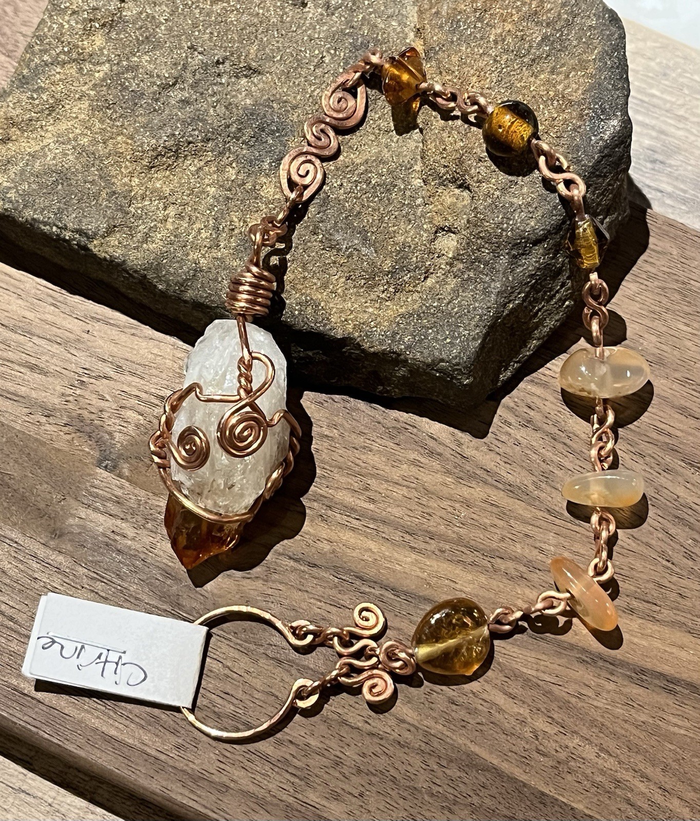 Citrine Crystal Copper Pendulum With Agate And Glass Beads