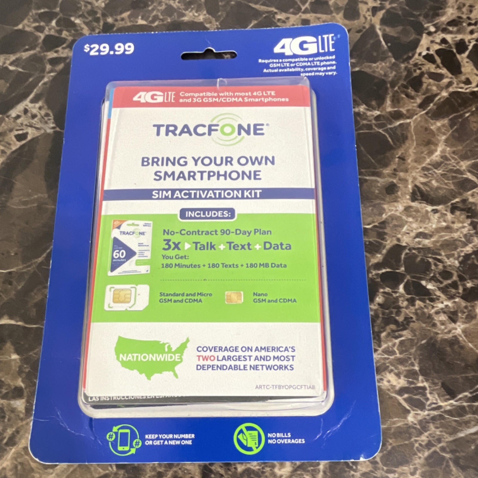 TracFone 4G LTE Prepaid Triple Cut SIM Kit 180 Min 180MB GSM CDMA