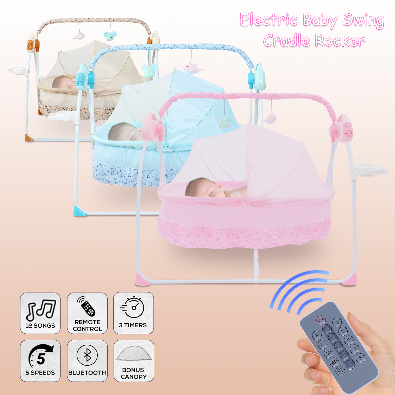 Electric Baby Crib Cradle Auto-Swing Infant Music Basket Sleeping Bed Remote