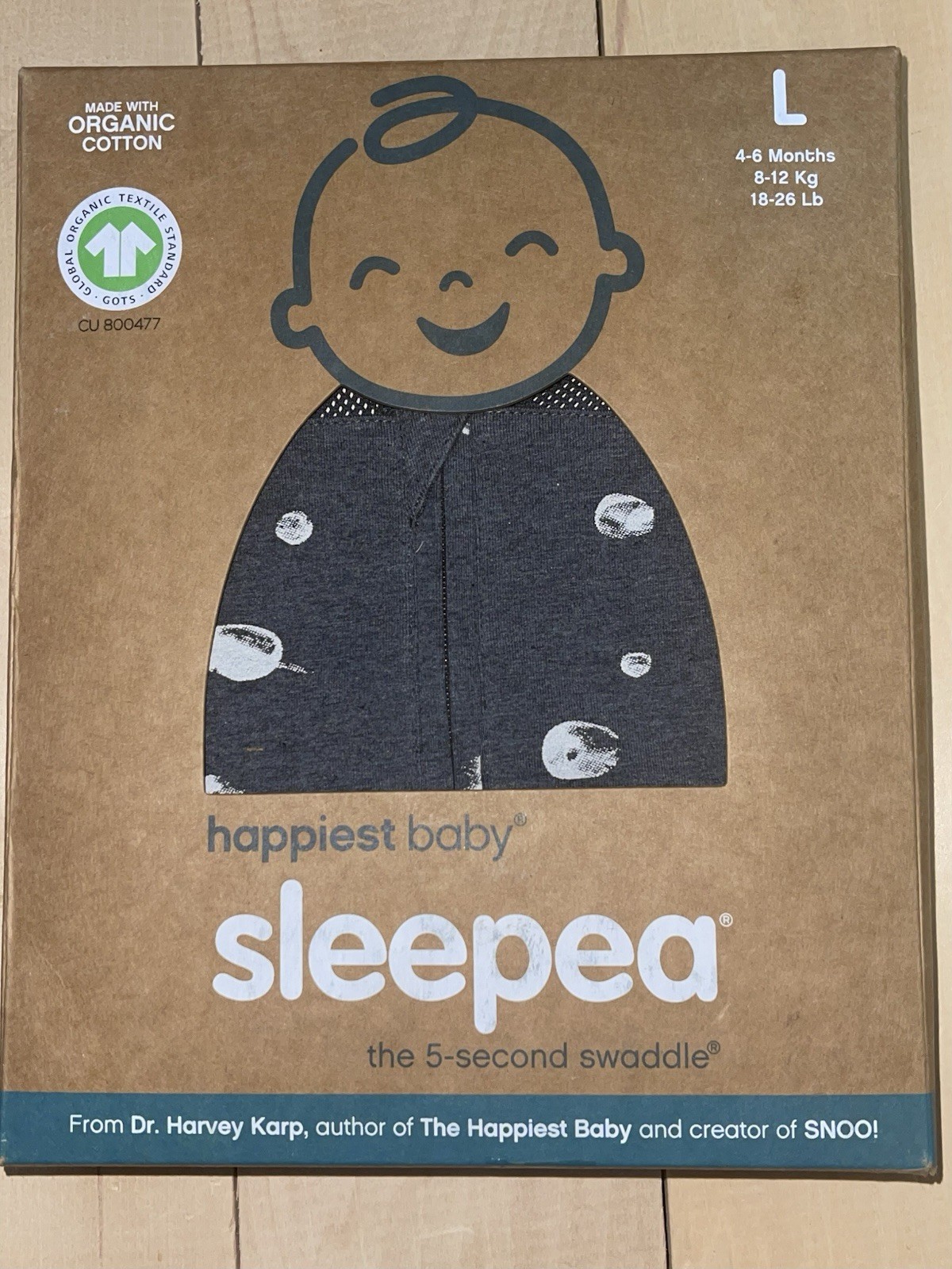 NIP HAPPIEST BABY SNOO SACK Gray Swaddle L 4-6 mo Planets Organic Cotton Sleepea