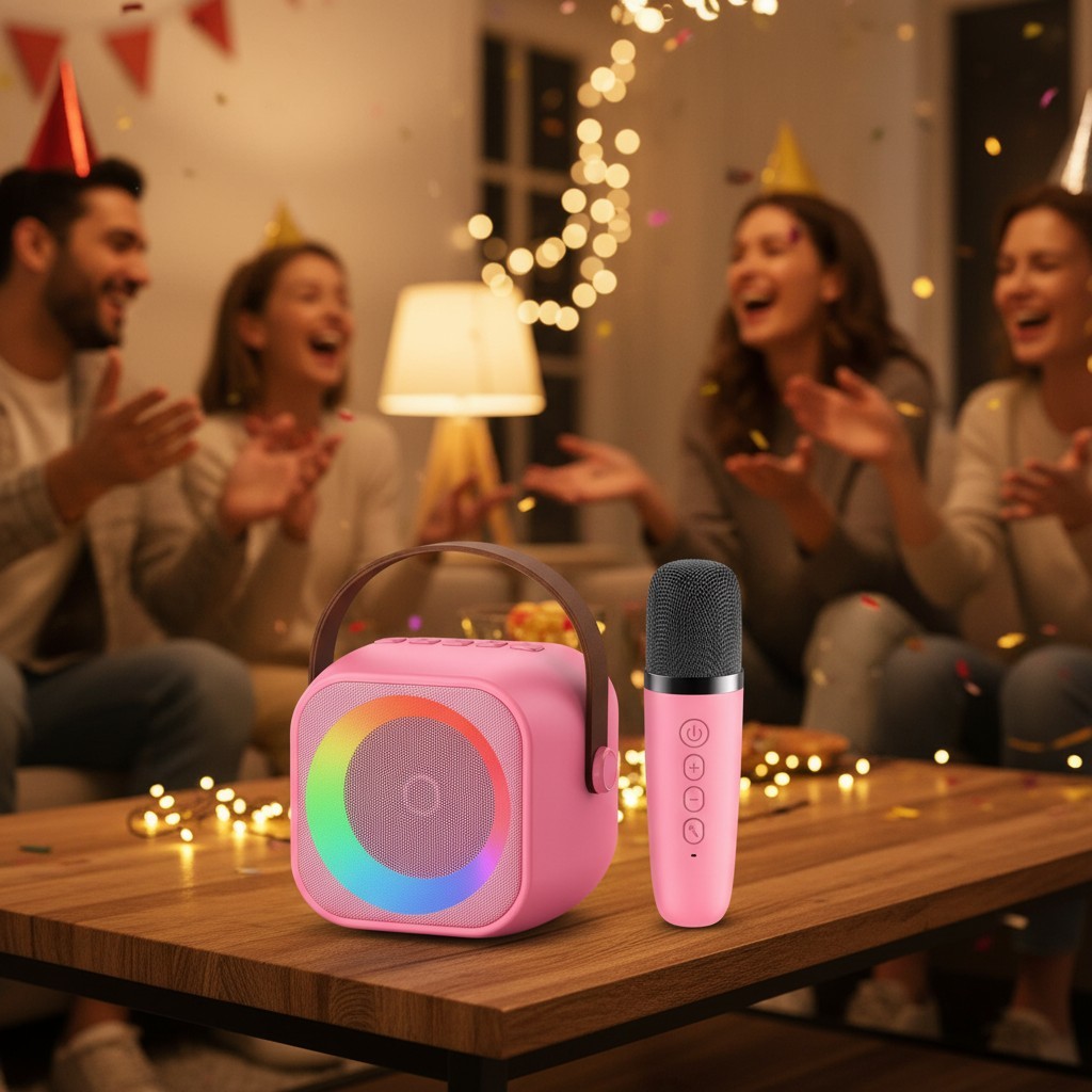Karaoke Machine with 2 Wireless Mics & Colorful Lights - Family Fun Experience!