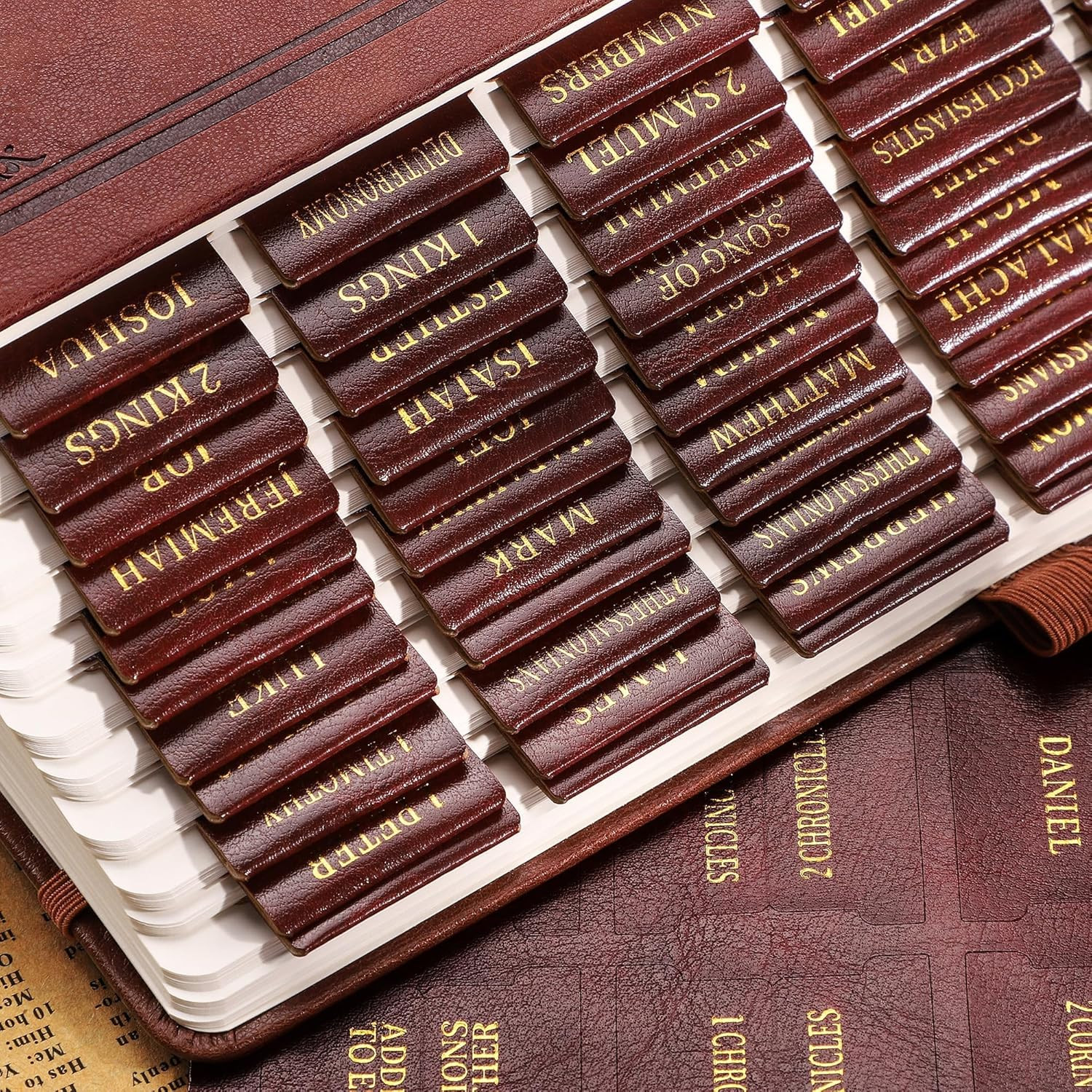 Leather Bible Tabs 66 + 21 Apocrypha + 9 Blank for Bible Study Brown