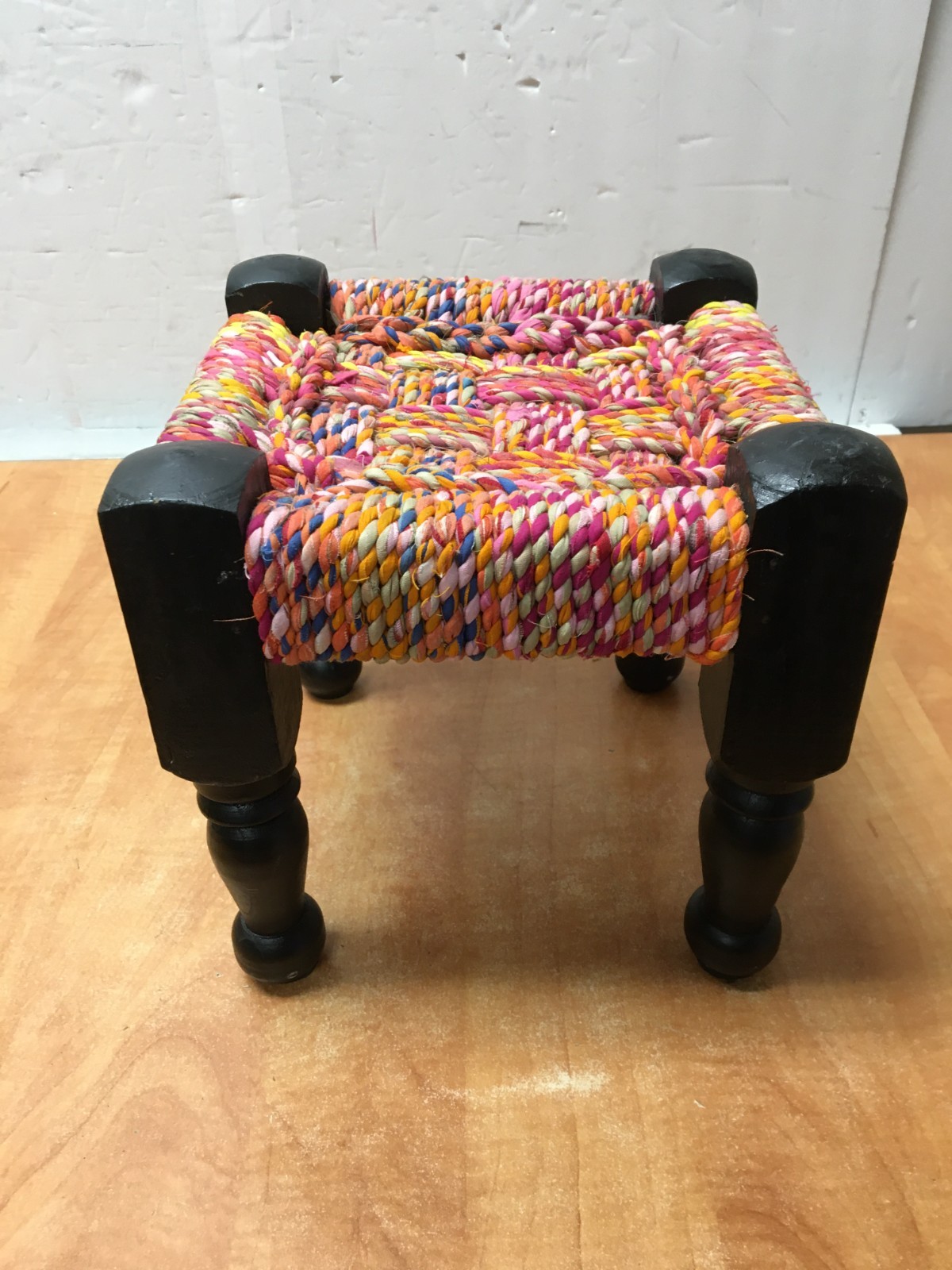 Vintage Needlepoint Square  Footstool Wood 10" x 10" x 9.5" tall Multicolor Jute