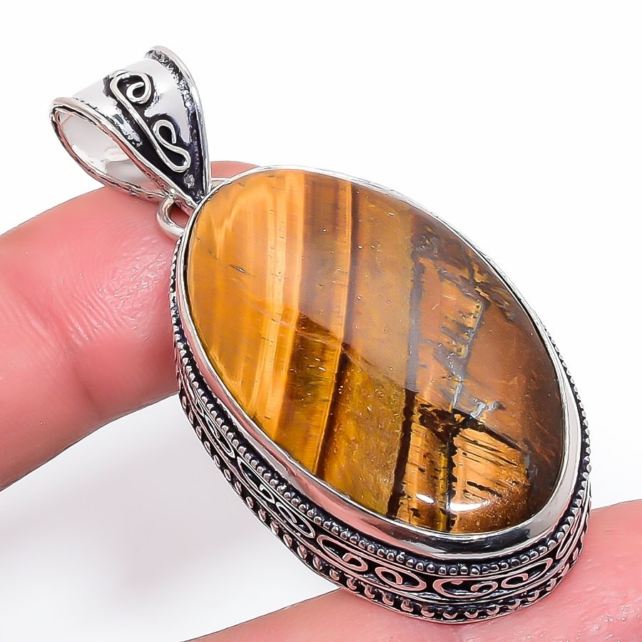 Natural Tiger'S Eye Gemstone 925 Sterling Silver Vintage Pendant 2.3" l645