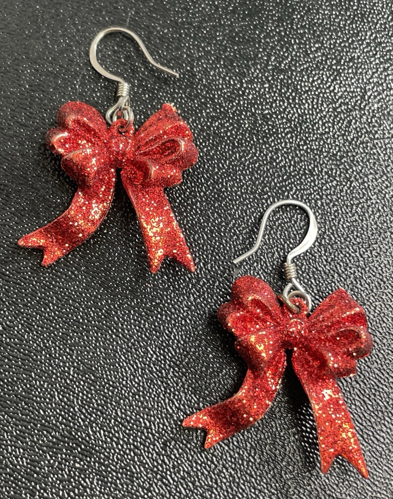 Vintage 1.5” Red Glittery Bow Dangle Earrings