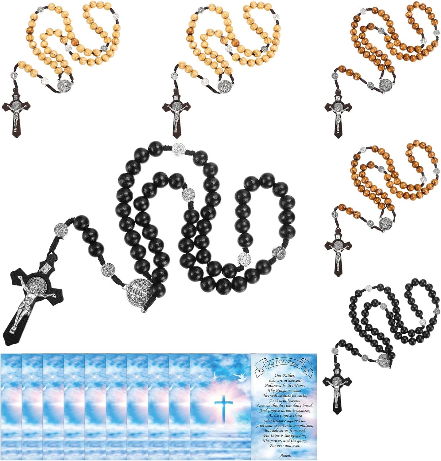 6 Sets Wooden Rosary Beads Necklace Bulk for Men Women Catholic Rosarios Crucifi