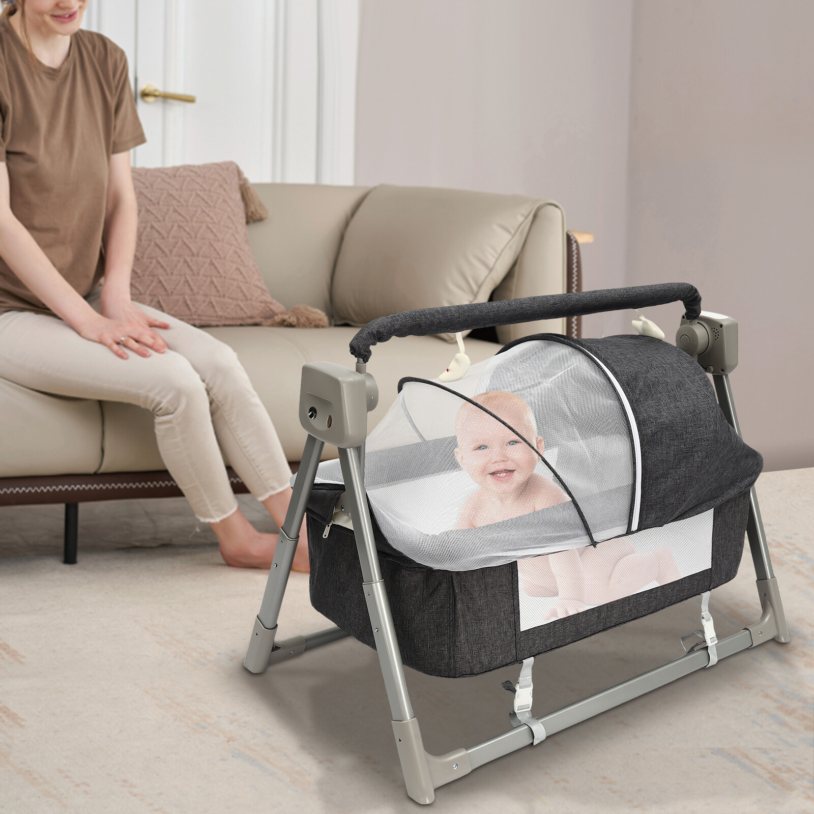 Portable Electric Baby Swing Cradle Bassinet Rocking Crib Infant W/ Bluetooth