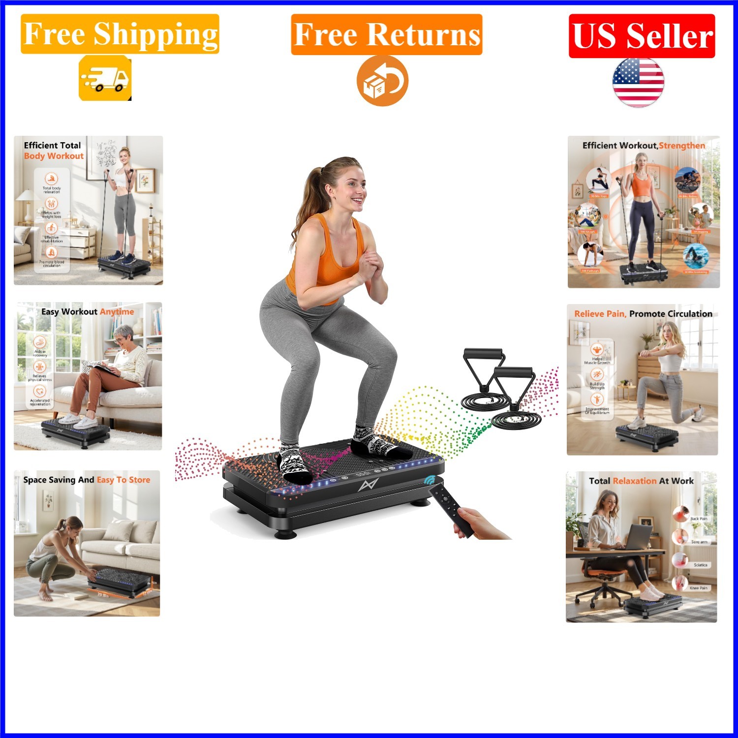 Black Vibration Plate Fitness/Weight Loss Machine with Remote & Resistance Bands