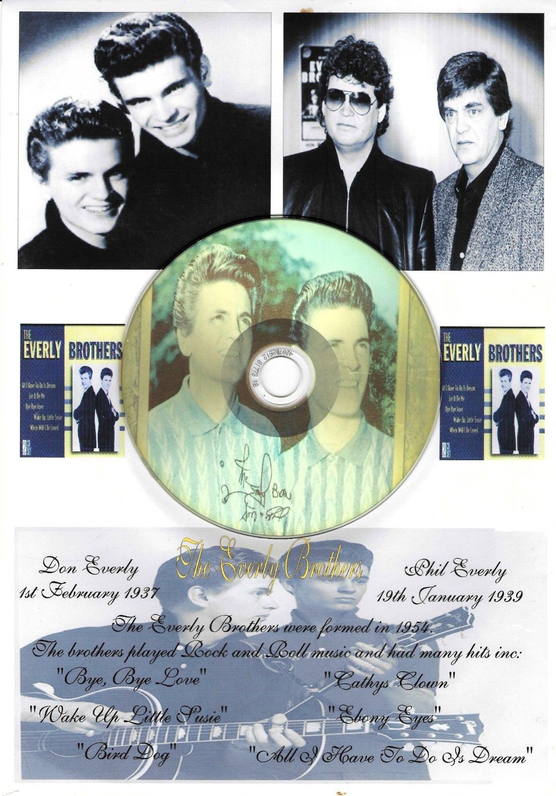 EVERLY BROTHERS signed CD montage with COA . Cathy's Clown, WAKE UP LITTLE SUSIE