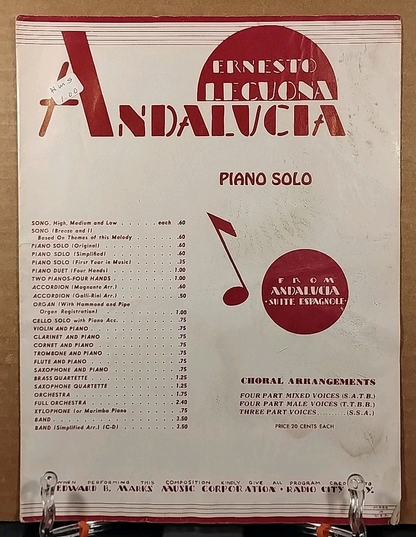 Andalucia Suite Piano Solo Ernesto Lecuona Vtg Sheet Music 1932 Edward B. Marks