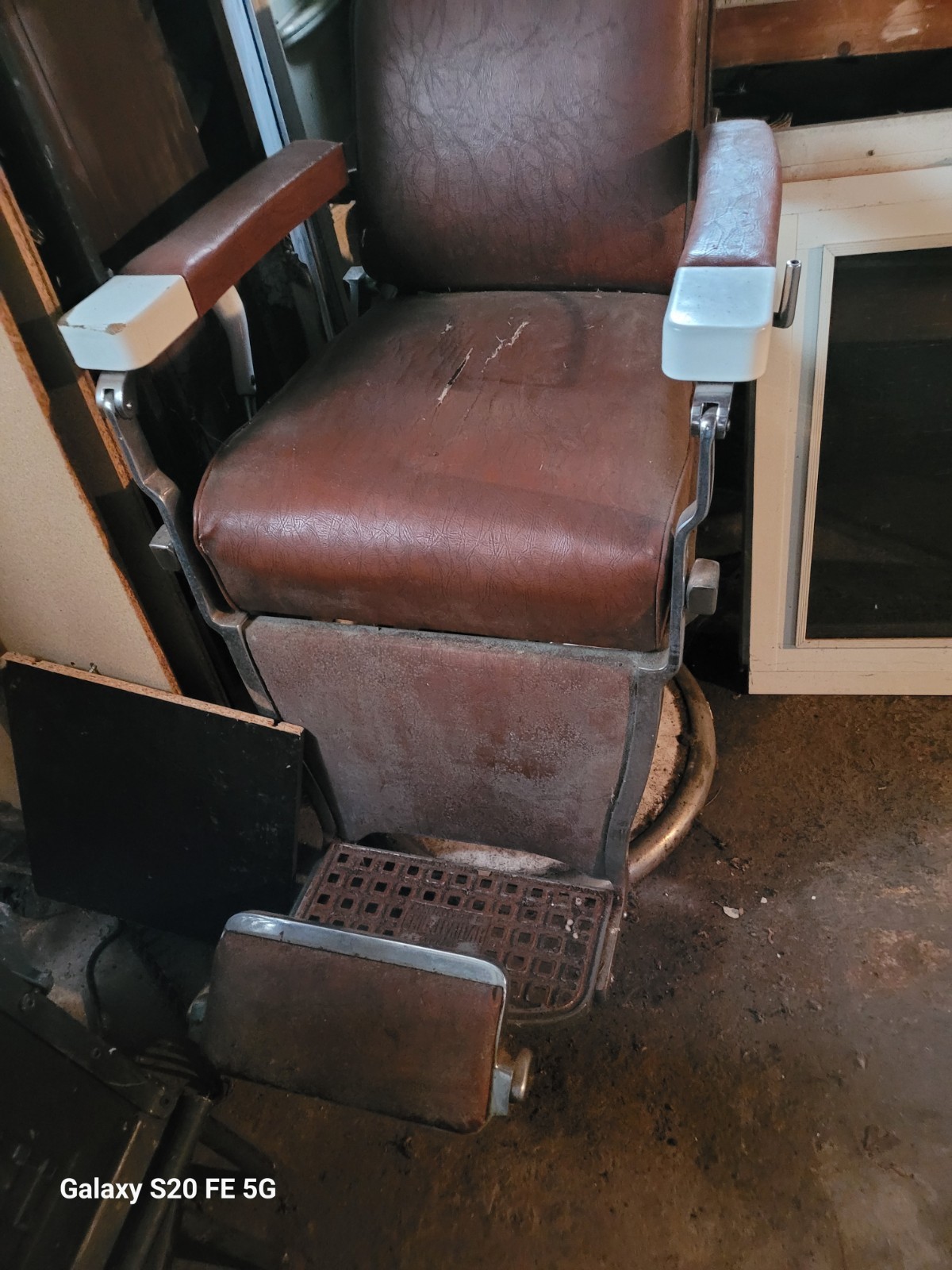Emil J. Paidar Antique Barber Chair Brown Leather White Metal Chicago