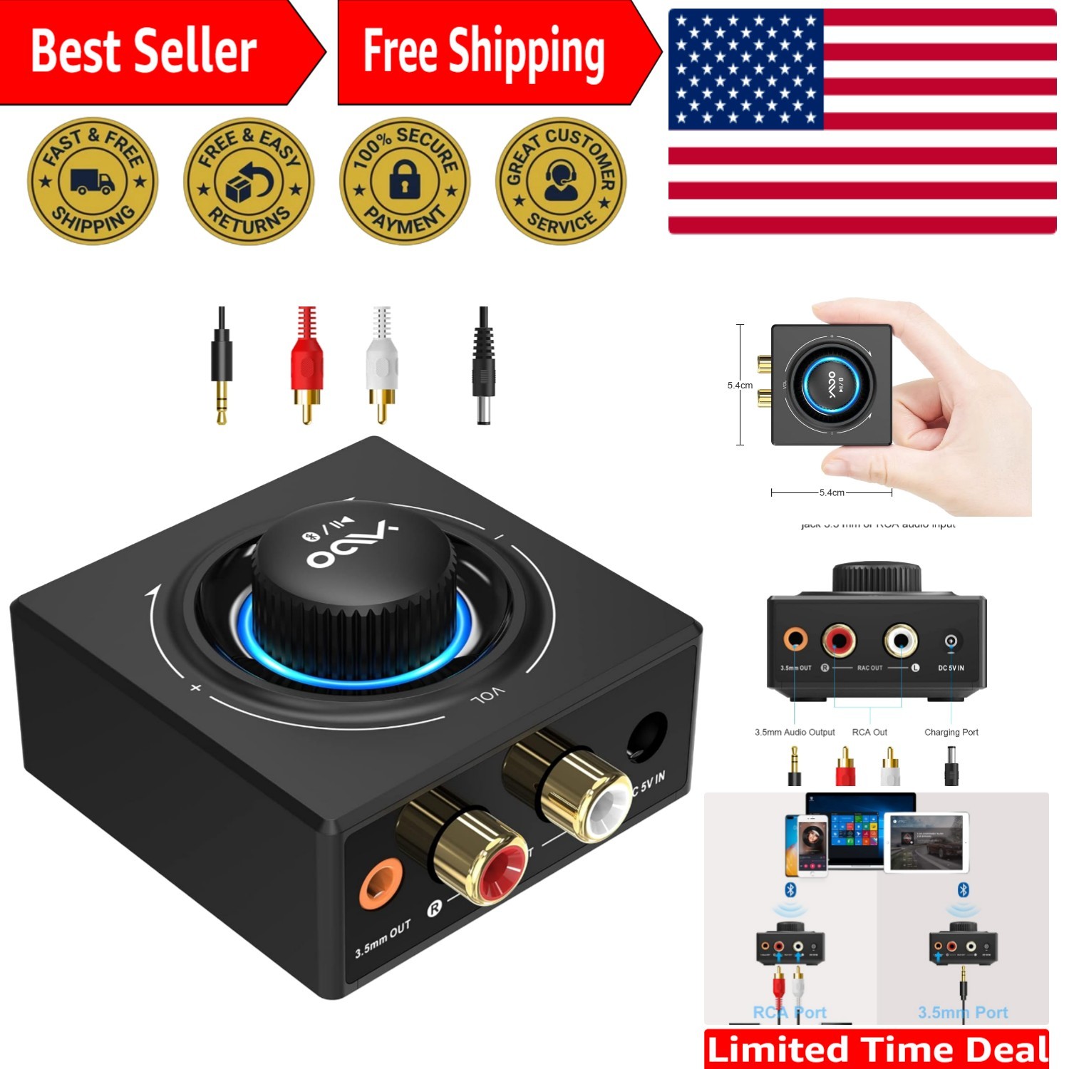 Wireless Bluetooth 5.3 Receiver with 100ft Range - Dual Link for Two Speakers