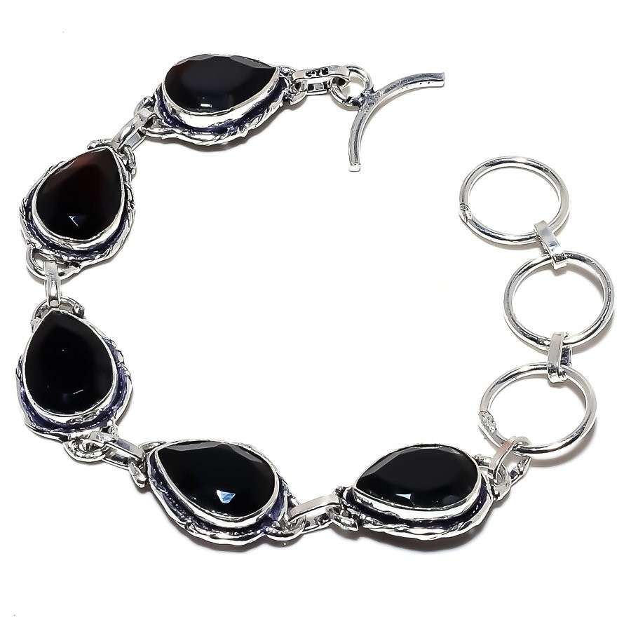 Natural Black Onyx 925  Silver Adjustable Bracelet c470