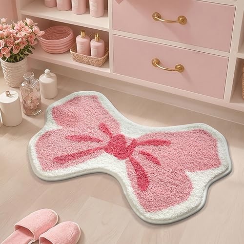 Absorbent Pink Bow Bath Rug, Extra Thick Bathroom Mat, Non-Slip Mat for Girls 