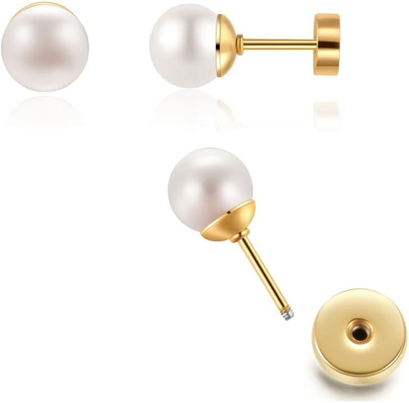 Pearl Stud Earrings for Women,Flat Screw Back Pearl Helix Earrings Cartilage Ear