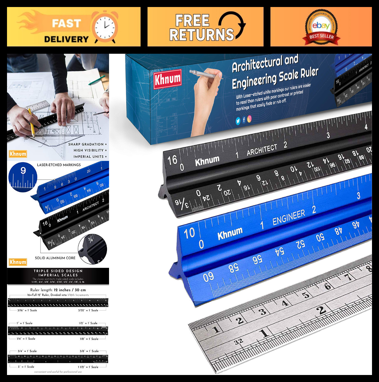 12" Architectural Scale Ruler Set - Laser-Etched Aluminum Triangular Drafting To