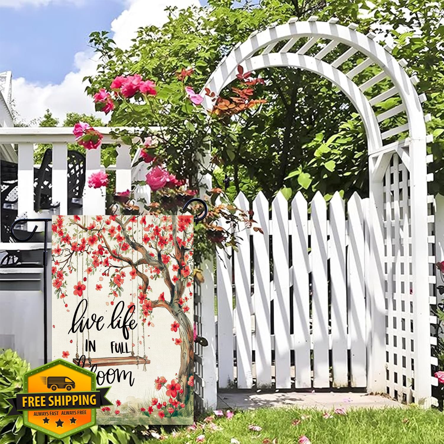 Baccessor Red Floral Garden Flag 12.5x18 Inch Double Sided Burlap