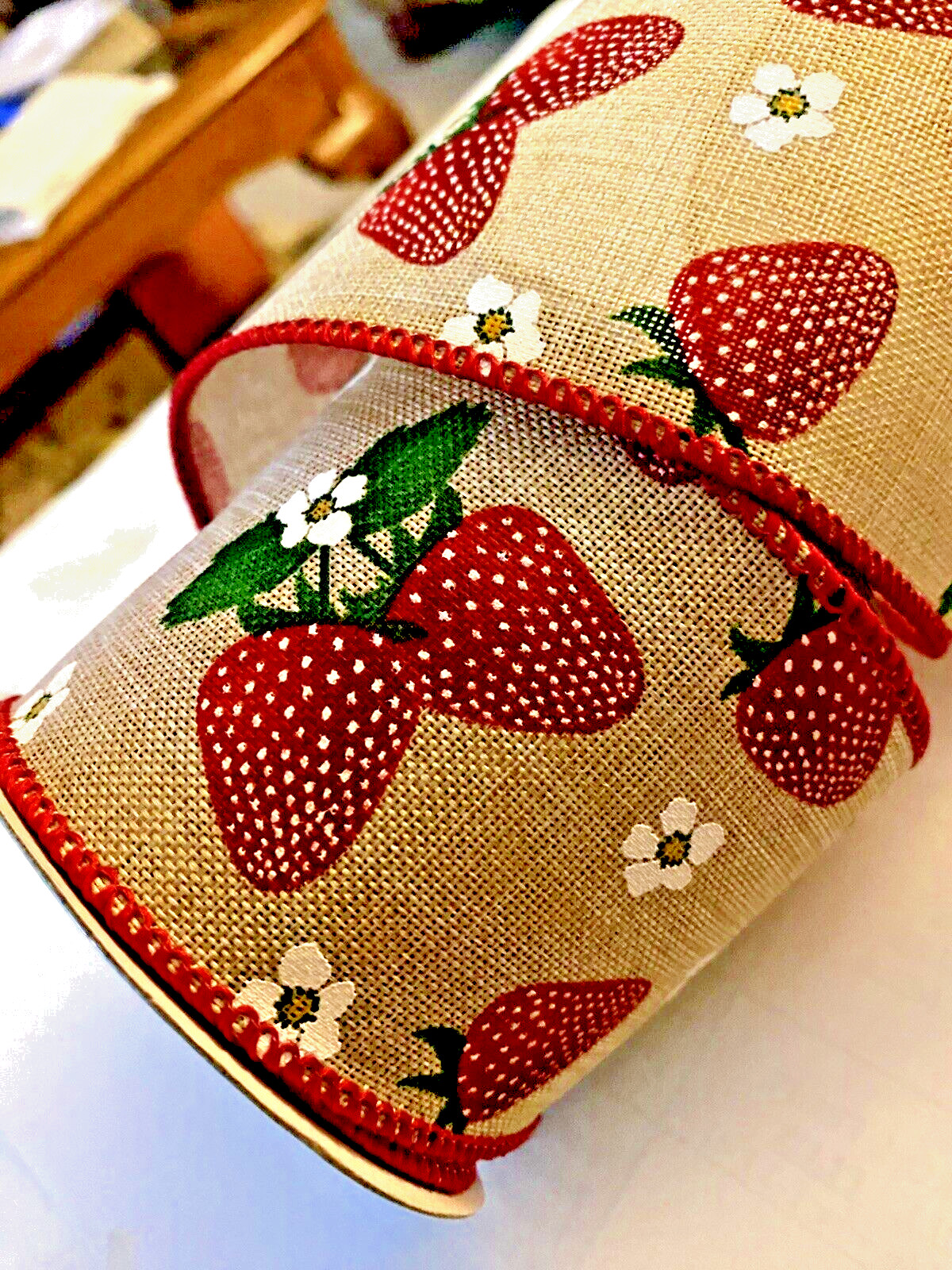Strawberries 2.5" by 2 yards Natural Wired Ribbon White Flowers Summer Picnic