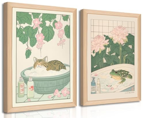 Set of 2 Japanese Bathroom Wall Art Framed Canvas 12"W*16"H*2piece Cat Frog