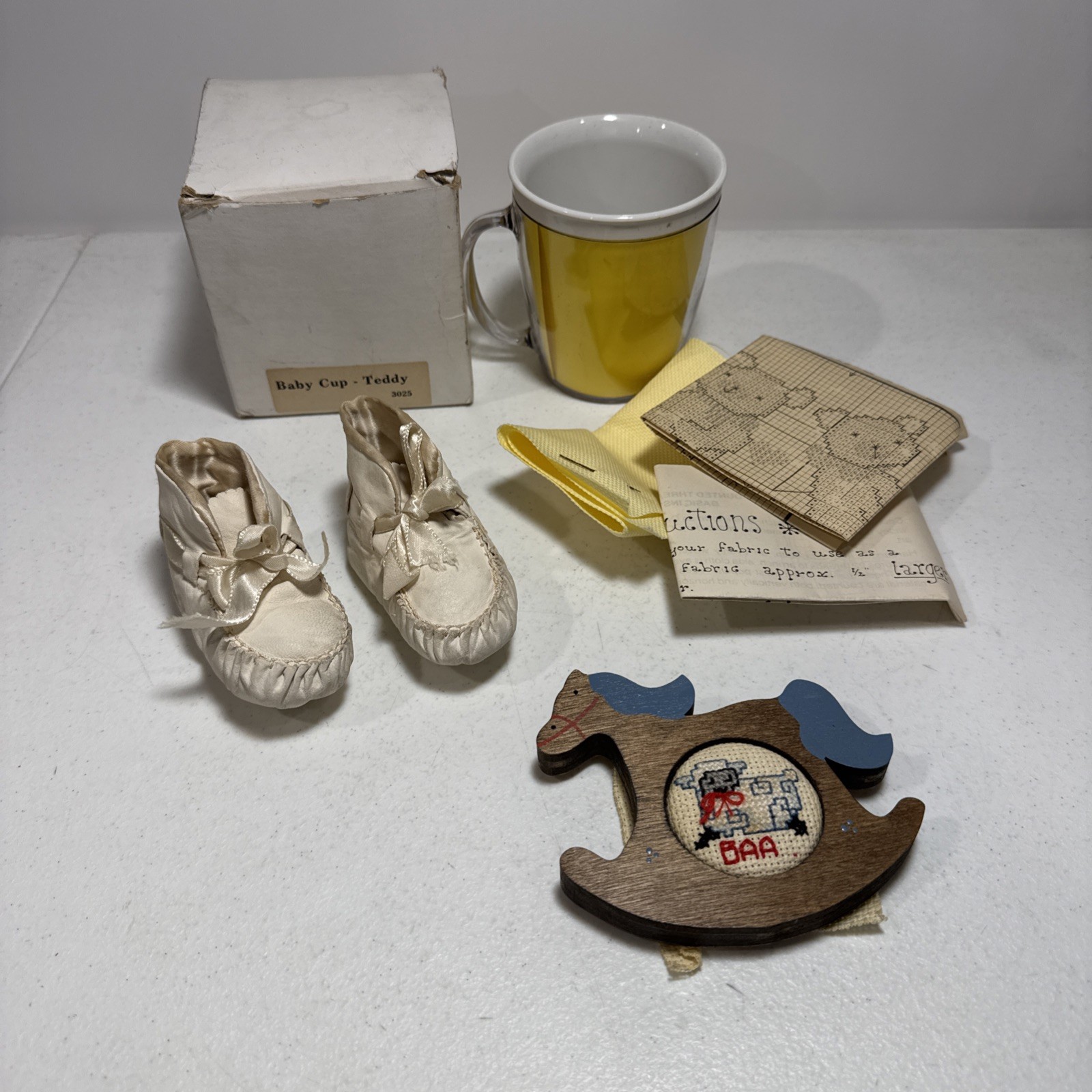 Vintage Lot Of Baby Items, Stitch A Mug, Booties, Decor