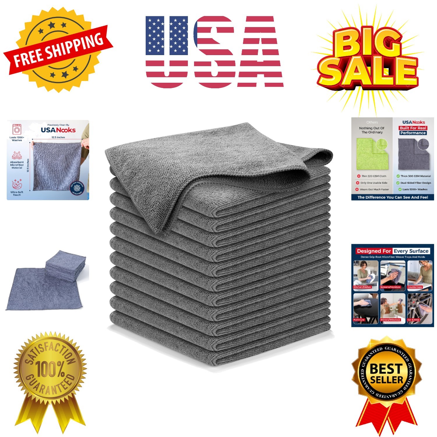 Microfiber Cleaning Cloth Grey - 12 Pcs 12.5"x12.5" - High Performance - 1200...