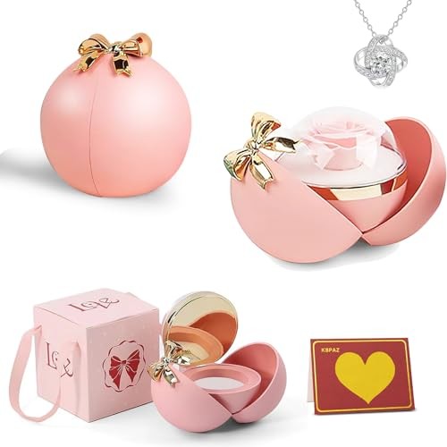 Preserved Red Real Rose with Necklace, Creative Preserved Flowers Gifts Pink