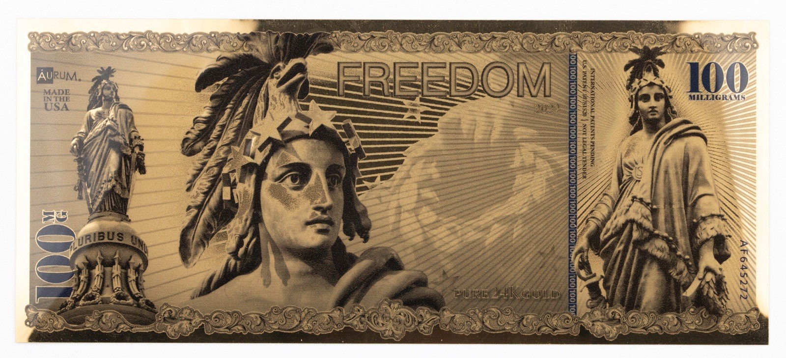 2022 100 Milligrams Gold Aurum Note Freedom 24K - 1015B