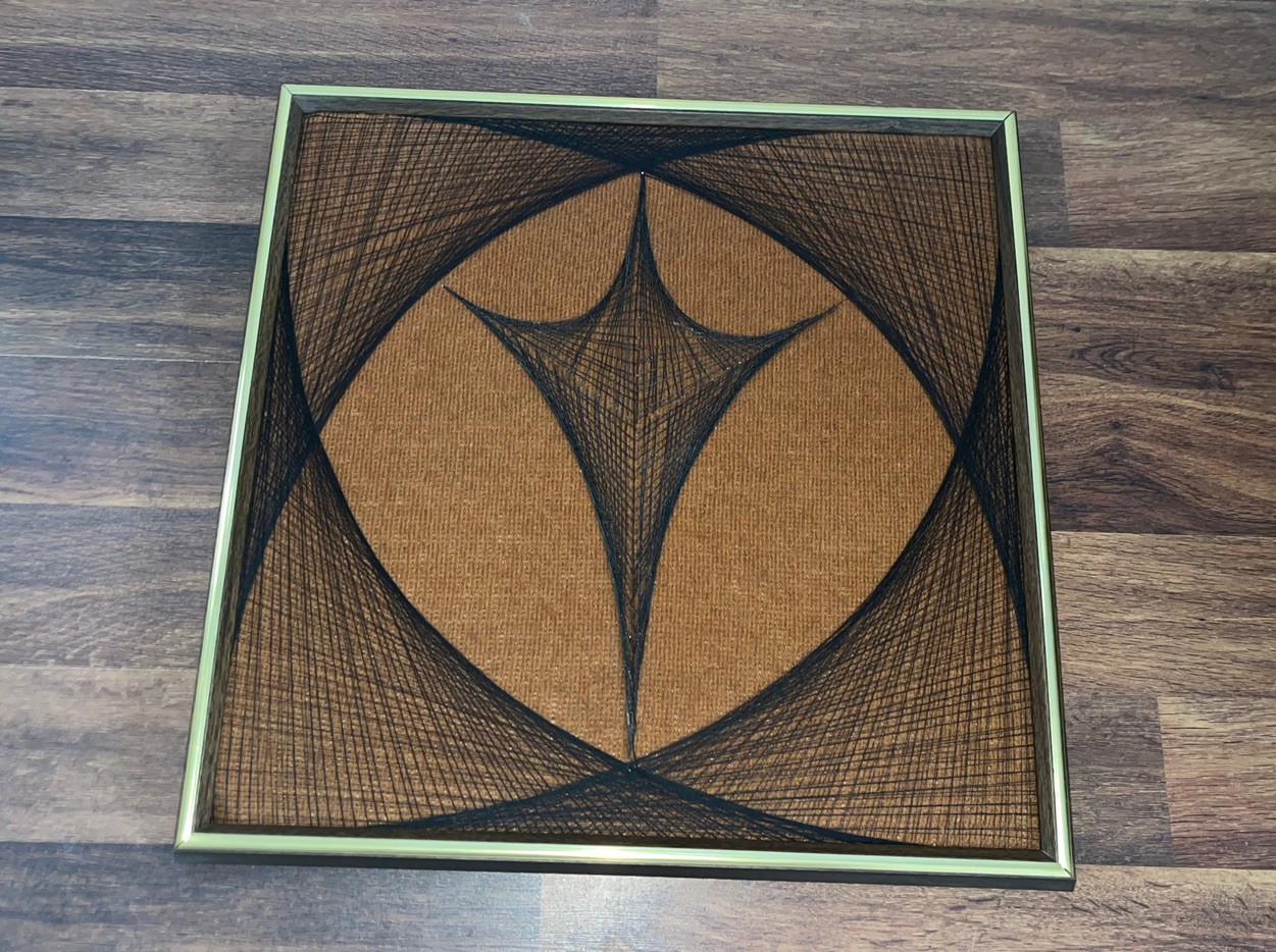 Vintage MCM Textile Fiber Abstract String Art Framed No Glass 19" Tall 19” Wide